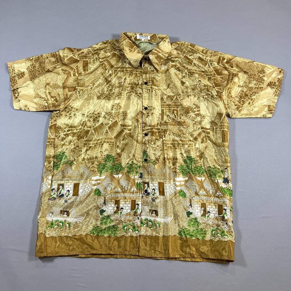 Thai Silk Button Up Shirt Mens 3XL Brown Scenic Asian Village Print Resort Wear
